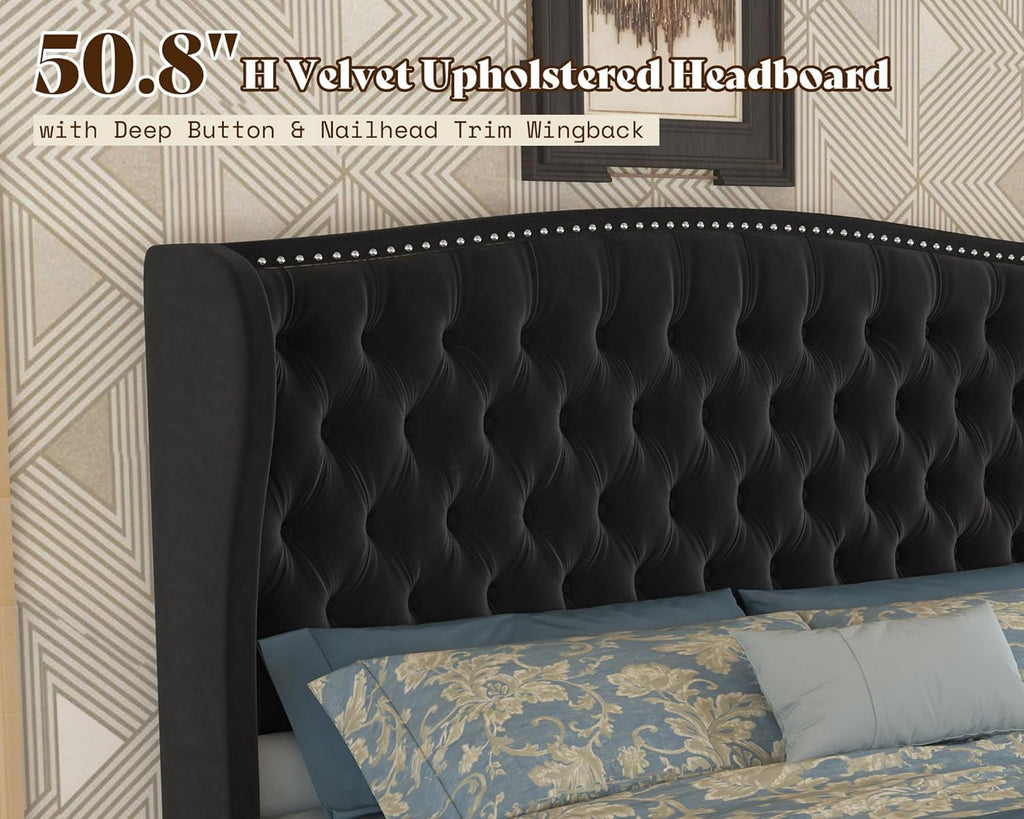 AMERLIFE King Size Adjustable Bed Frame with 51' H Velvet Upholstered and Deep Button Tufted Headboard, Electric Bed with Dual Motor/Nailhead Trim Wingback, No Box Spring Needed, Black