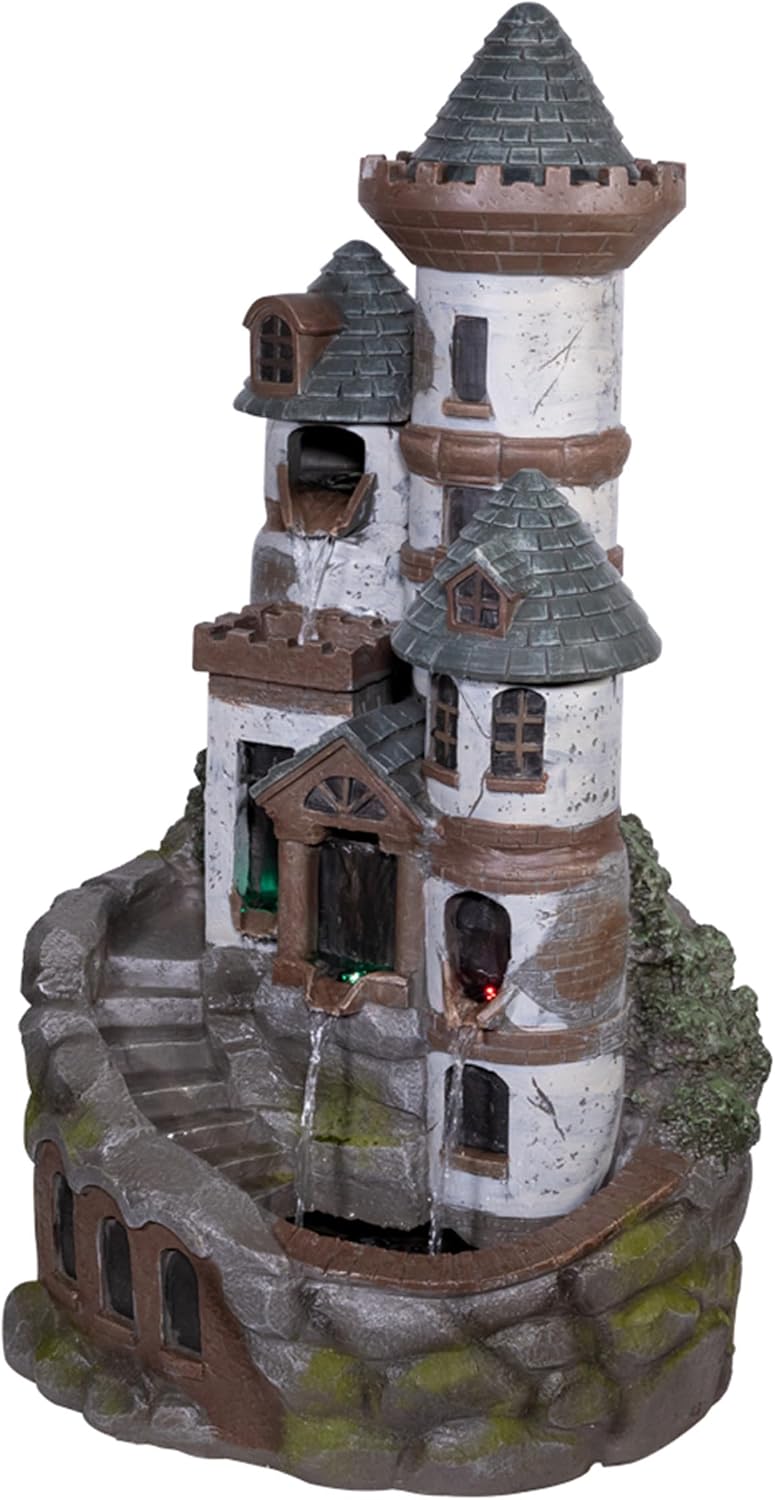 Alpine Corporation USA1368 Outdoor Floor Tiered Fairy Castle Water Fountain with Color Changing LED Lights, 35', Brown