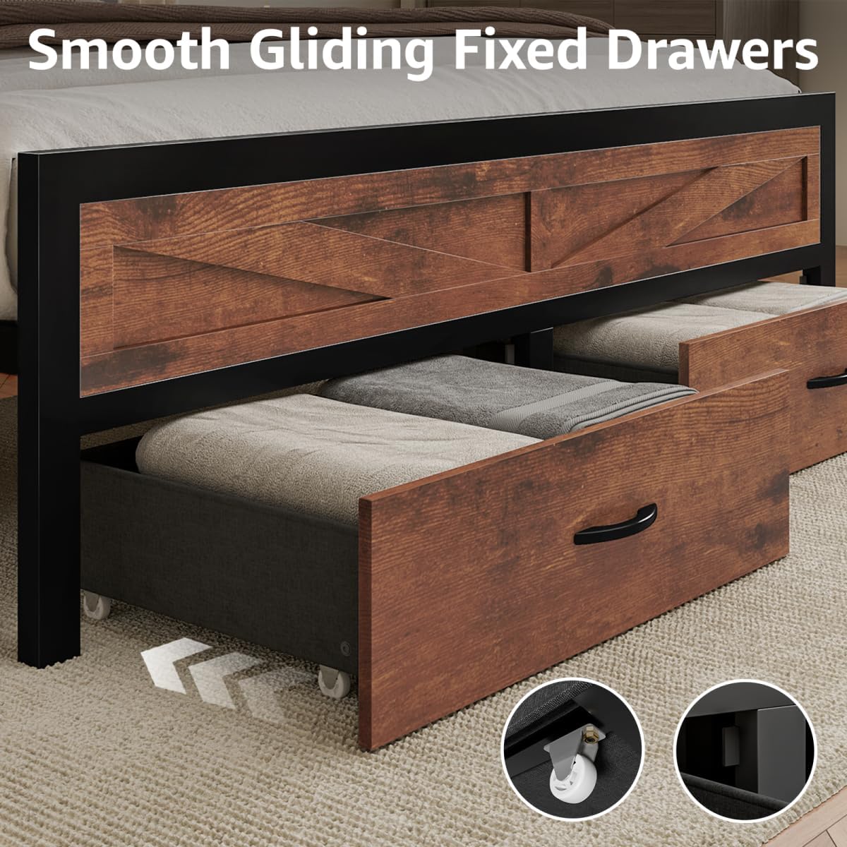 Rustic Queen Bed Frame with Storage Drawers and Barn Door Headboard, Farmhouse LED Bed Frame Queen Size with Charging Station, Metal Industrial Platform Bed Frames, No Box Spring Needed, Brown