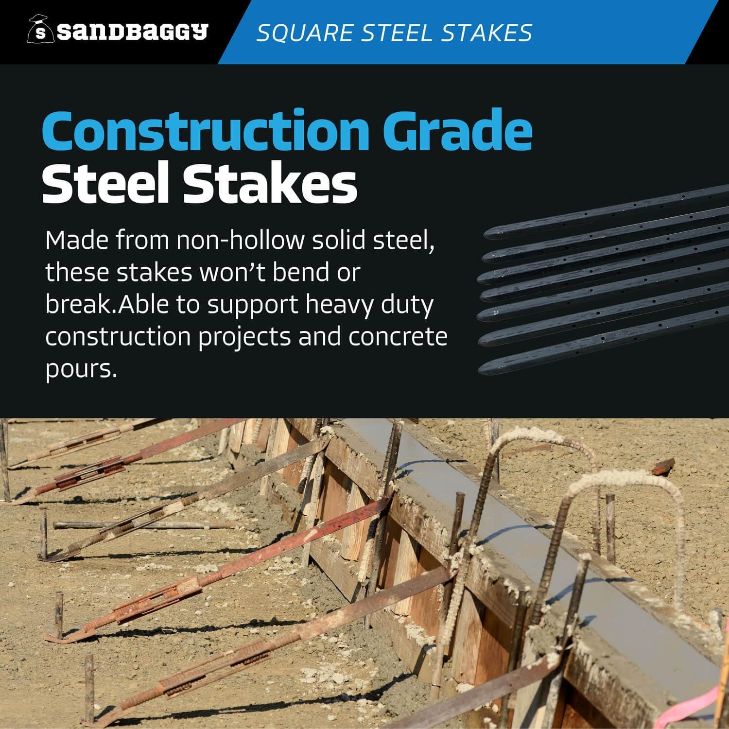 Sandbaggy 18' Square Steel Concrete Form Stakes with Nail Holes - 5/8' Wide - Rust Resistant - Removable/Reusable - Construction Grade Rebar Pins (Square Nail Stakes, 50, Count)
