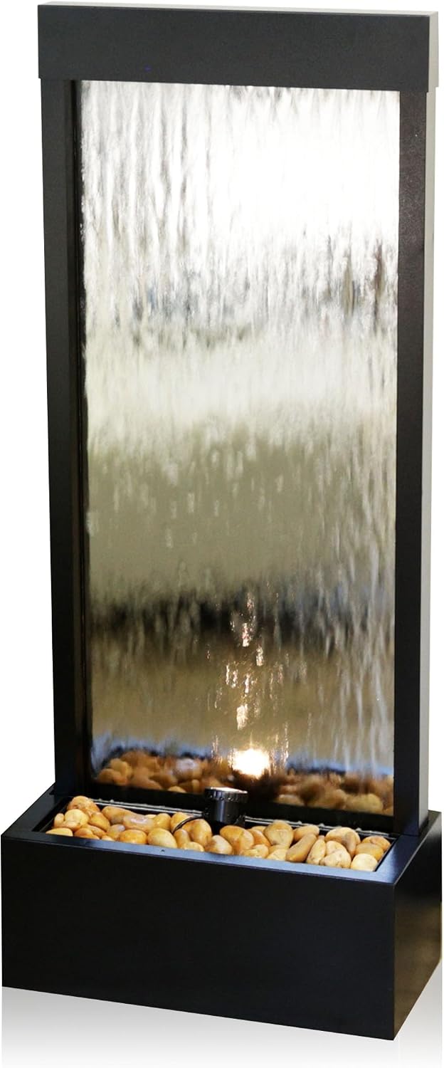 Alpine Corporation - Mirror Waterfall Fountain with Stones & Lights - Zen Indoor/Outdoor Decor for Office, Living Room, Patio, Entryway - 48 Inches (Silver)