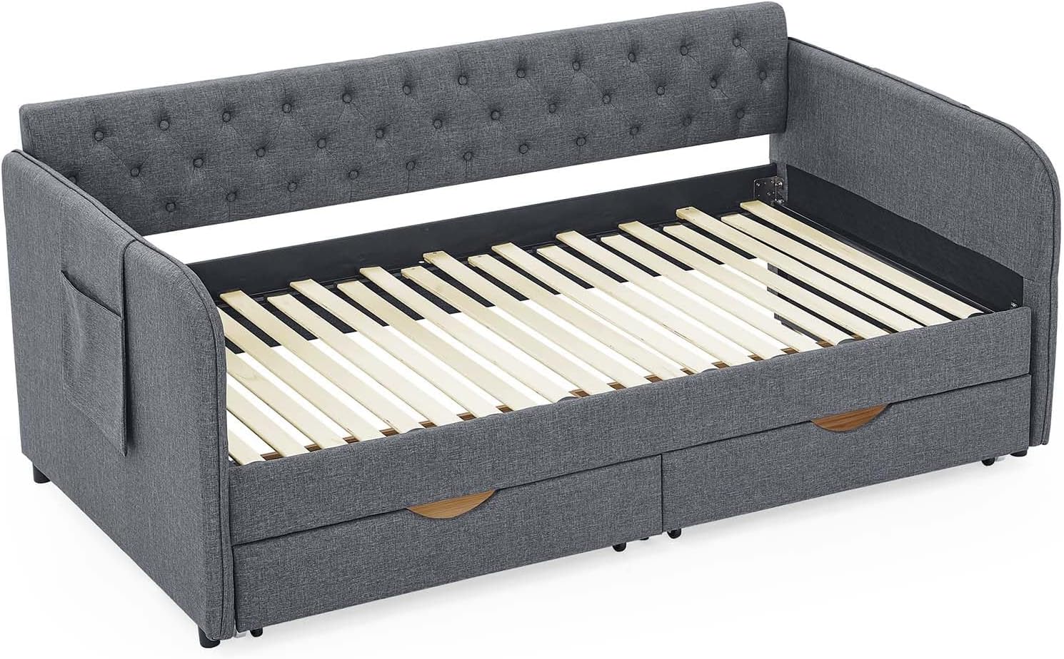 Antetek 80.5' Daybed with Drawer, Modern Button Tufted Linen Day Bed with Trundle Bed Twin to King, Upholstered Daybed Frame w/Storage Pocket for Bedroom, Living Room, No Box Spring Needed, Dark Grey