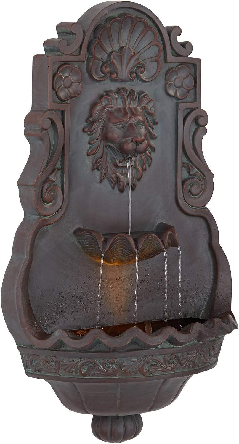 Royal Lion Head 31 1/2' High Large Rustic Indoor Outdoor Decor Bronze Wall Fountain with Light LED Statue Waterfall Tiered Basin Water Feature for Outside Garden Patio Yard Backyard - John Timberland