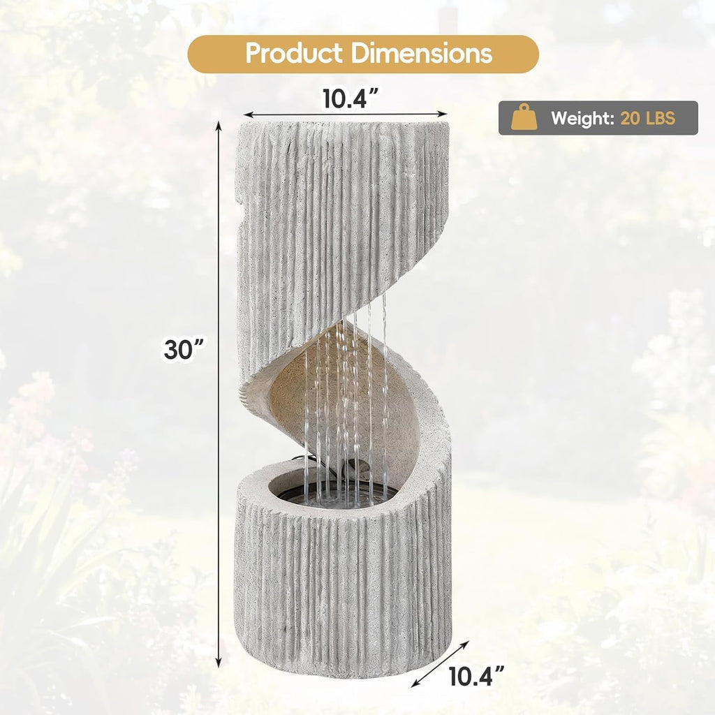 30' H Outdoor Water Fountain with LED Light, S-Shaped Modern Curved Outdoor Fountain, Spiral Column Fountain, Decorative Waterfall Feature with Flat Top Plant Display for Garden, Patio Decor