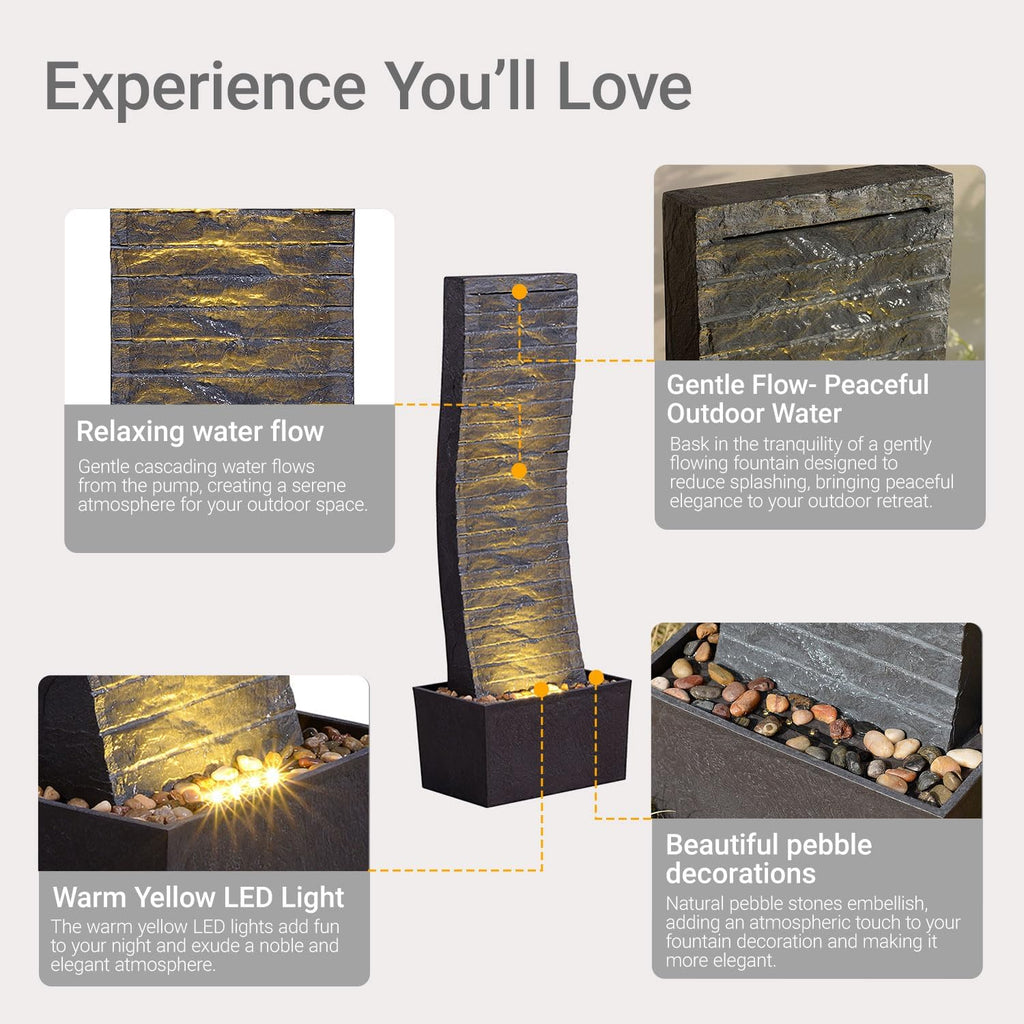 Curved Outdoor Waterfall Fountain, 36.2' Elegant Outdoor Water Fountain with LED Lights for Patio, Garden, Backyard, Modern Large Relaxing Water Feature (24382)