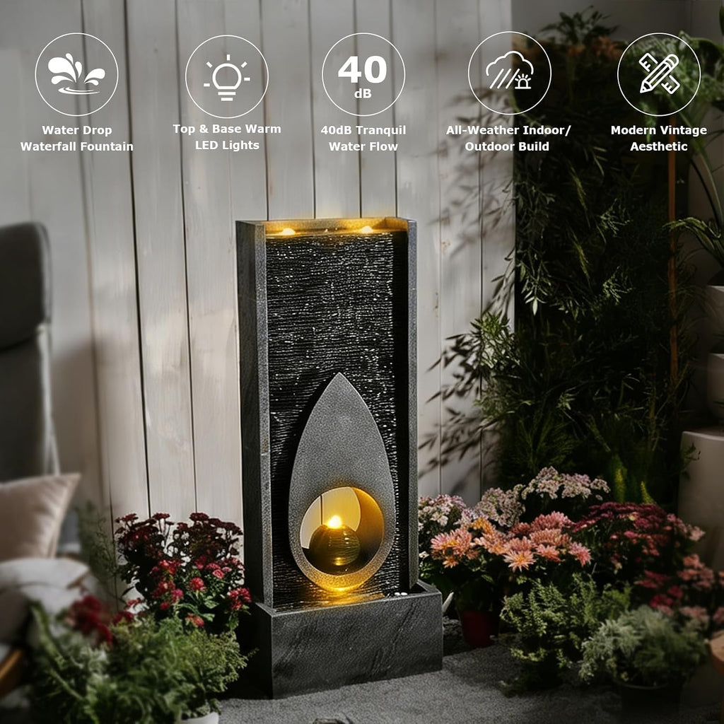 46.5''Tall Modern Water Fountain Indoor Outdoor Waterfall Feature Floor Standing with Sphere and LED Lights for Garden, Yard, Patio, Deck, Porch, Livingroom Decor