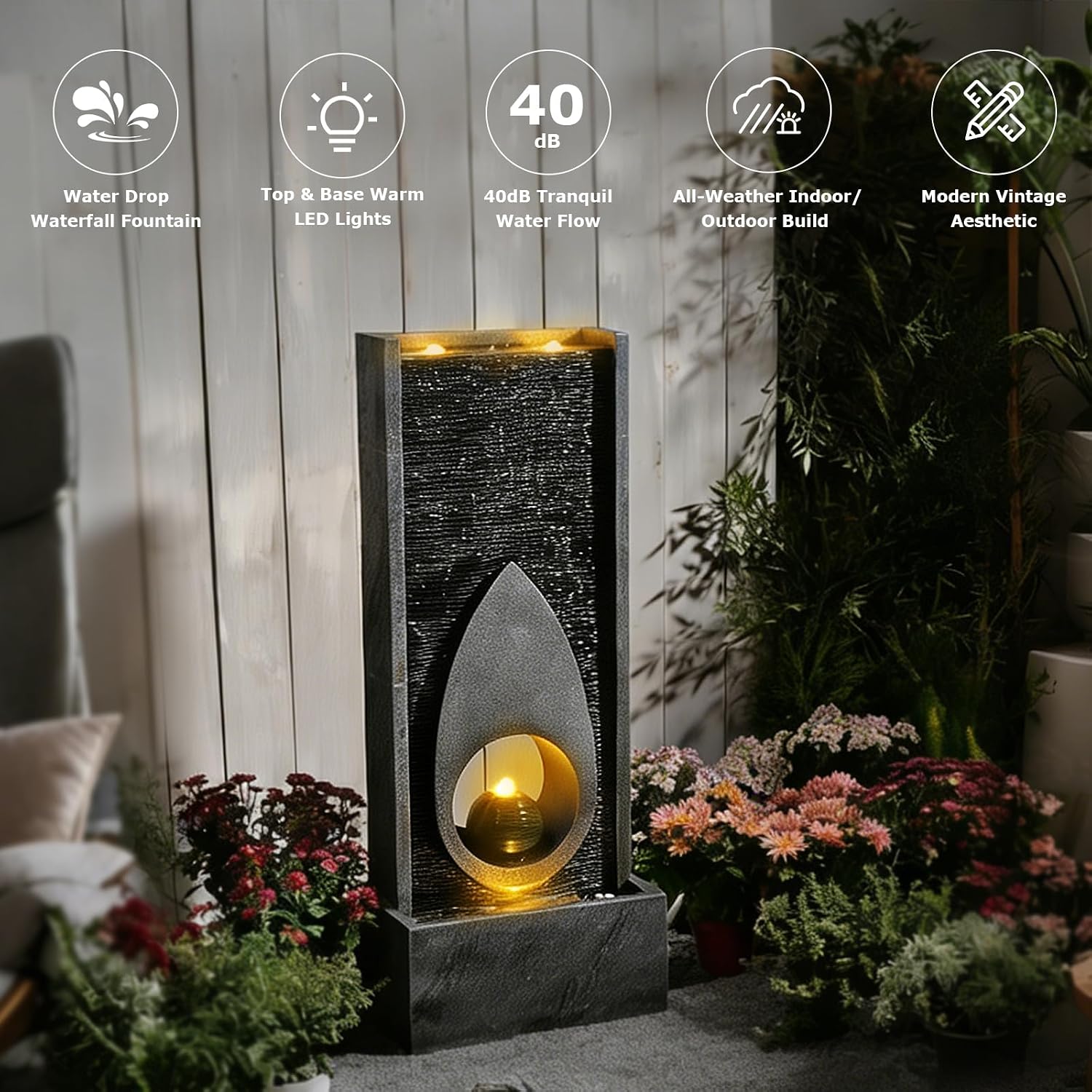 46.5''Tall Modern Water Fountain Indoor Outdoor Waterfall Feature Floor Standing with Sphere and LED Lights for Garden, Yard, Patio, Deck, Porch, Livingroom Decor