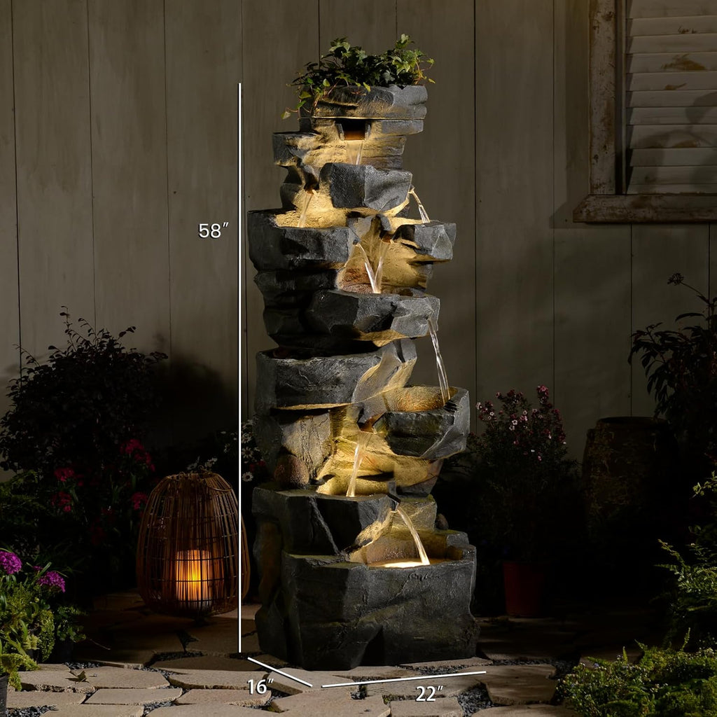 Sunlinua 58' H Outdoor Water Fountain with 7 Tiers New Upgraded Large Cascading Realistic Rock Waterfall Fountains with Lights Outdoor Water Fountain for Garden Patio Backyard Porch Home Decor