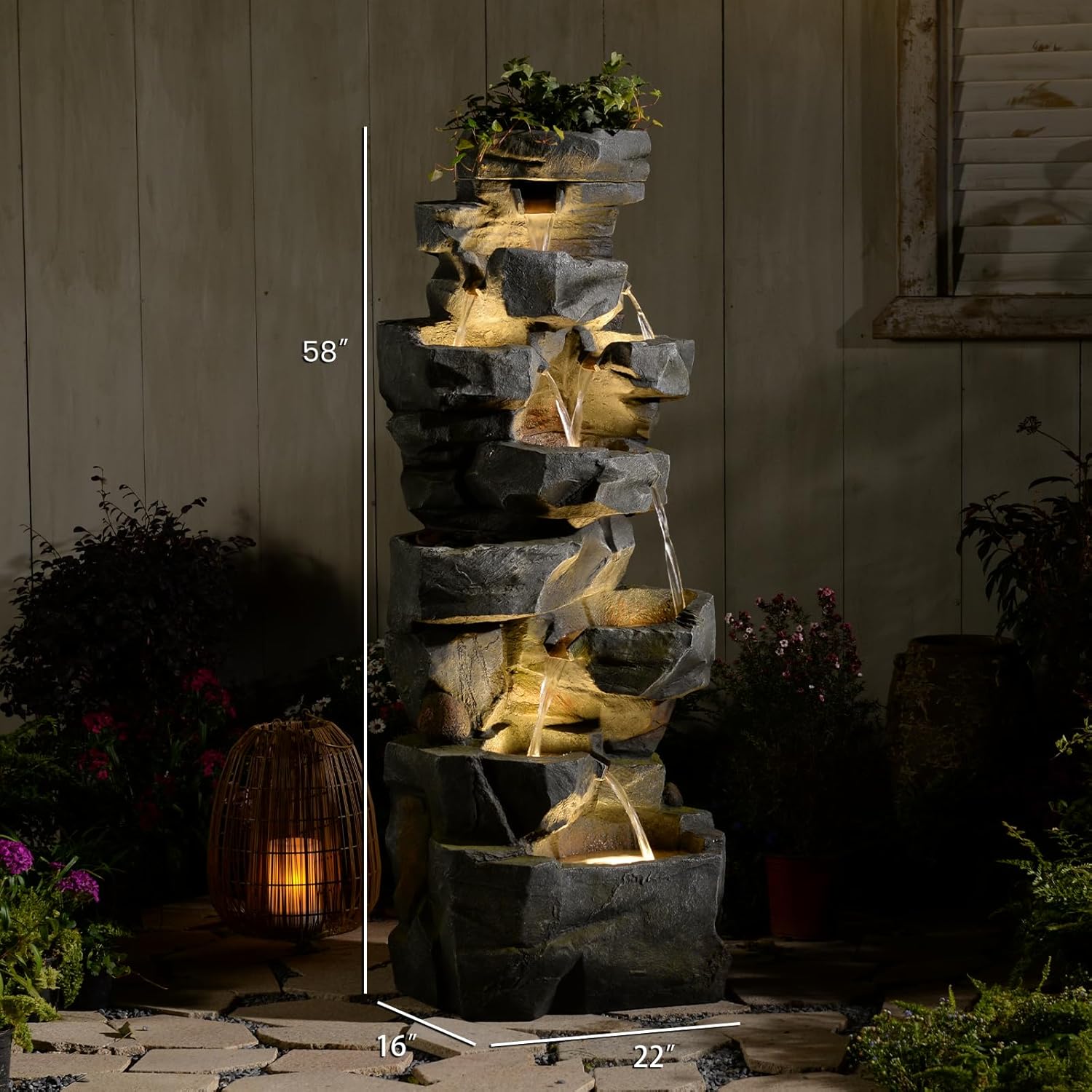 Sunlinua 58' H Outdoor Water Fountain with 7 Tiers New Upgraded Large Cascading Realistic Rock Waterfall Fountains with Lights Outdoor Water Fountain for Garden Patio Backyard Porch Home Decor