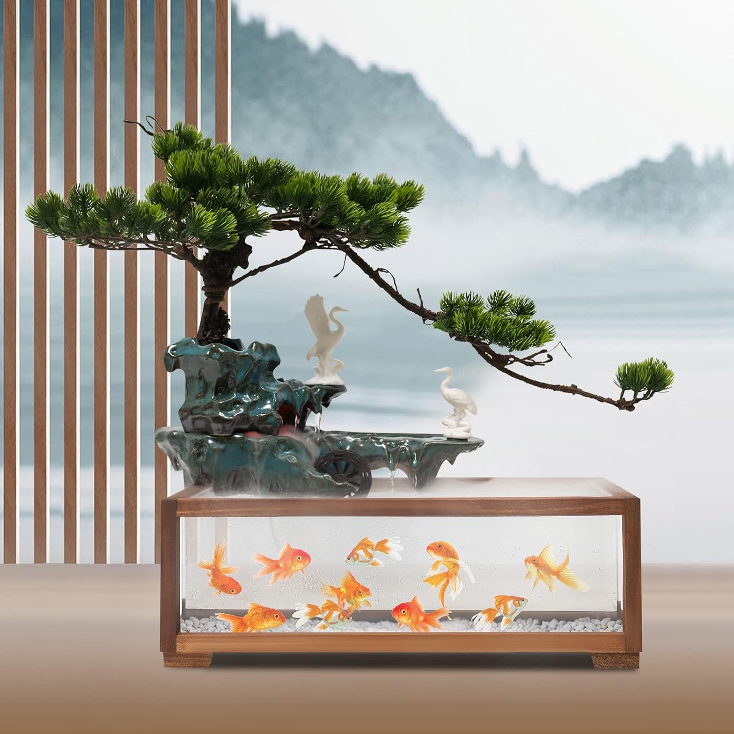 Tabletop Water Fountains Indoors with LED Light, Fake Plants，Rockery and Aquariums Water Fall Indoor for Living Room Office Decor (Fish Tank Size: 17.7L x 8.3W x 6H Inch