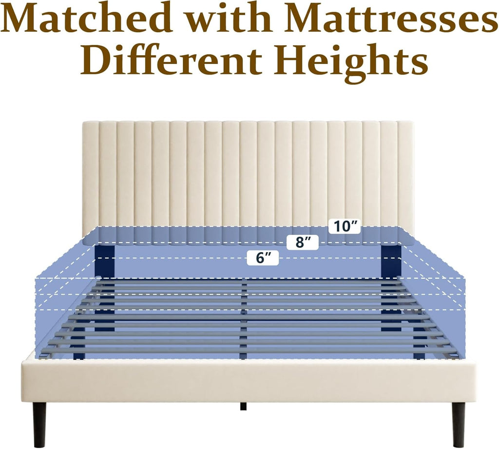 Sismplly Full Size Bed Frame with Velvet Upholstered Headboard, Platform Bed with Strong Wood Slats, Mattress Foundation, Box Spring Optional, Easy Assembly, Beige