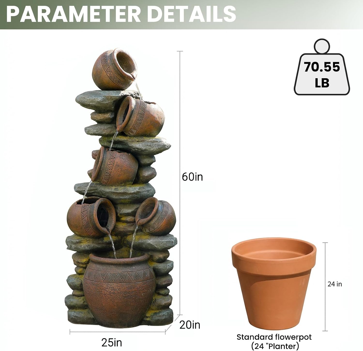 60' H Large Outdoor Water Fountain, 5-Tier Cascading Waterfall Fountain Feature with LED Lights, Rustic Crock Garden Water Feature for Patio, Backyard, Porch, Indoor & Outdoor Décor