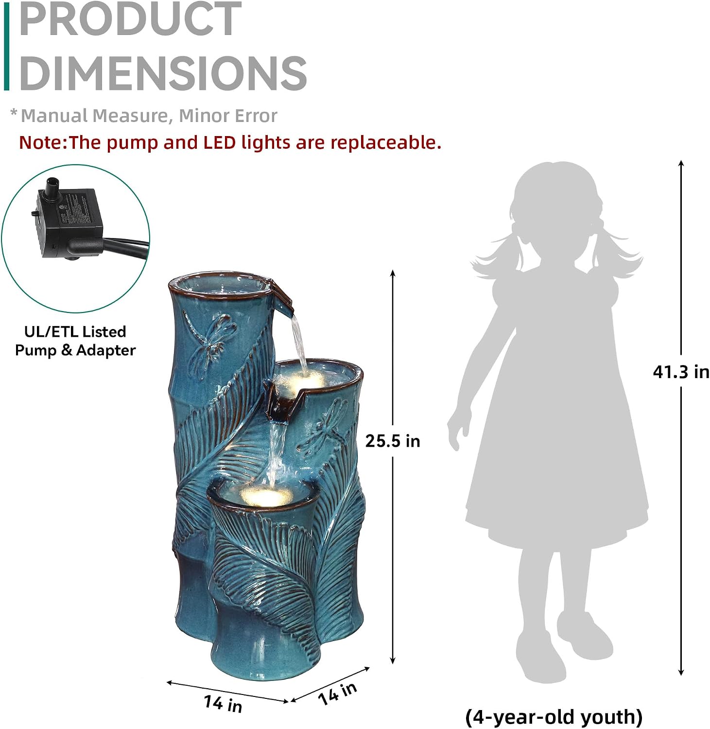 Ceramic Outdoor Water Fountain with LED Lights, 25.5' H 3-Tier Bamboo-Style Water Feature with Tropical Leaf & Dragonfly Texture, Soothing Cascading Waterfall for Garden Patio Yard Oasis