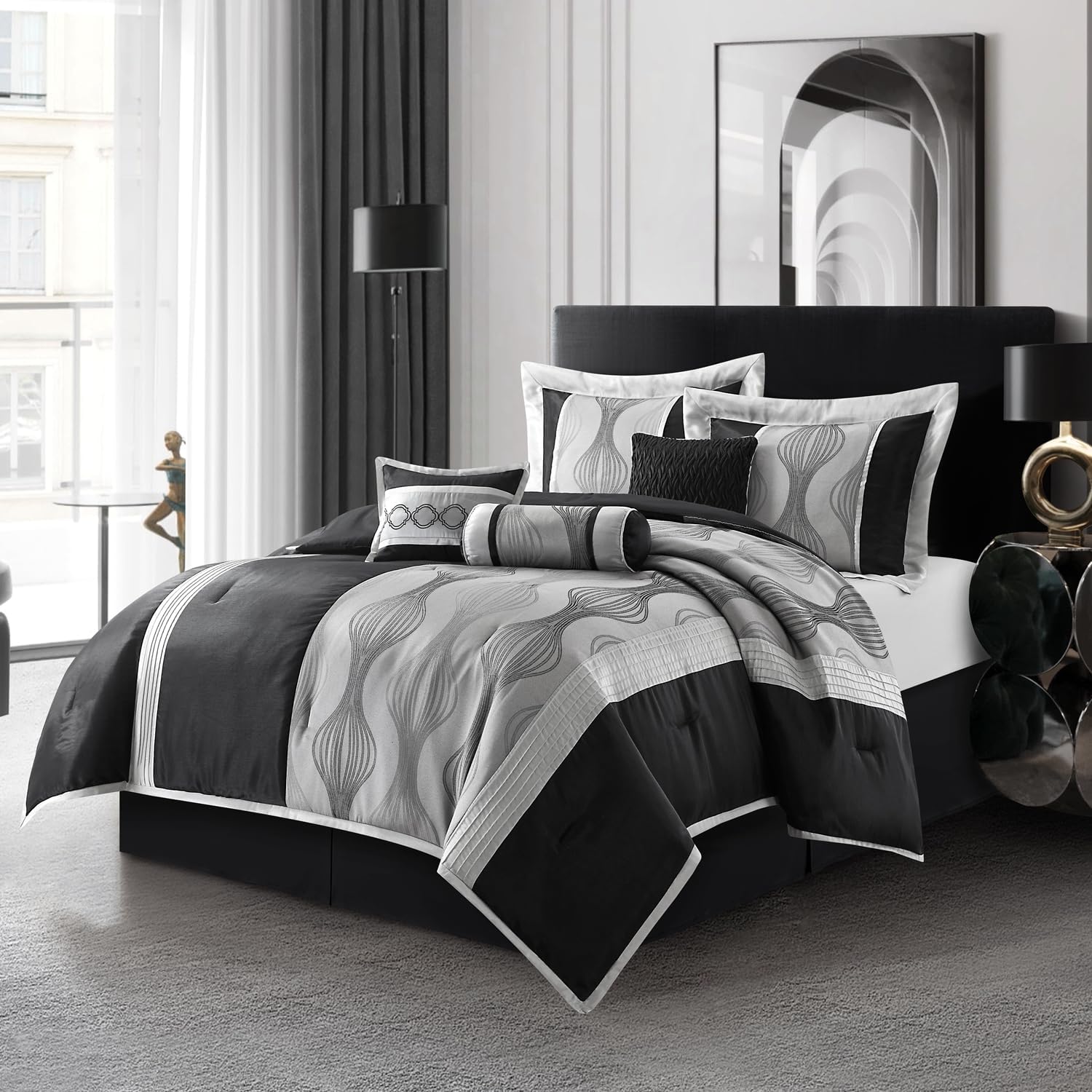 Stratford Park Black and Silver Comforter Set King Size, Elegant 7 Pieces Striped All Season Bedding Set