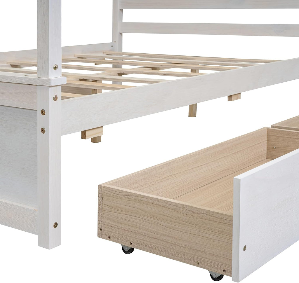 Harper & Bright Designs Wood Canopy Bed with Four Drawers,Full Size Canopy Platform Bed with Support Slats .No Box Spring Needed, Brushed White