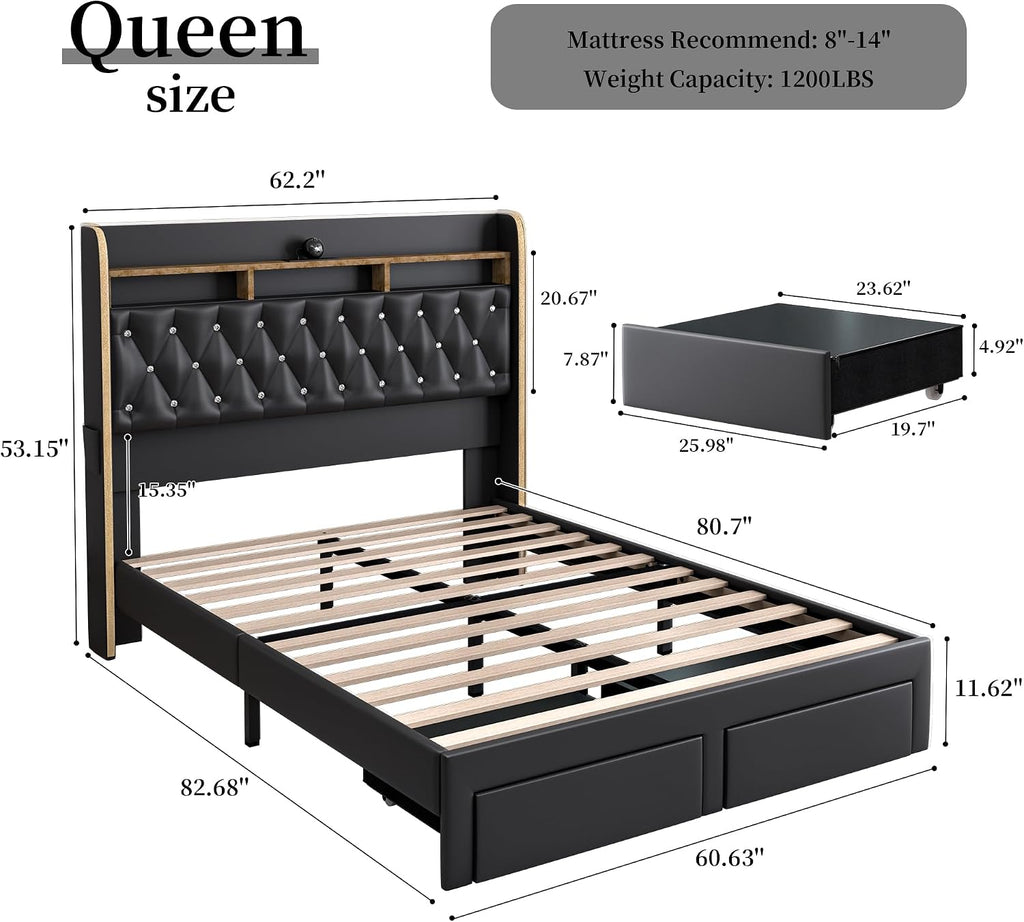 SIBEDS Queen LED Bed Frame with 2 Storage Drawers, PU Upholstered Platform Beds with Galaxy Star Projector Charging Station Speaker, Aurora Bedframe with 2-Tier Storage Headboard, Noise-Free, Black