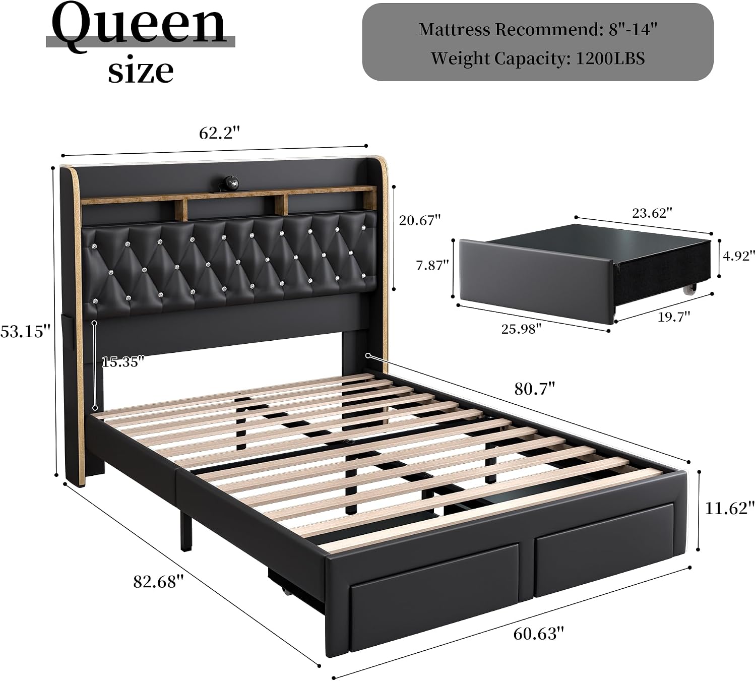 SIBEDS Queen LED Bed Frame with 2 Storage Drawers, PU Upholstered Platform Beds with Galaxy Star Projector Charging Station Speaker, Aurora Bedframe with 2-Tier Storage Headboard, Noise-Free, Black