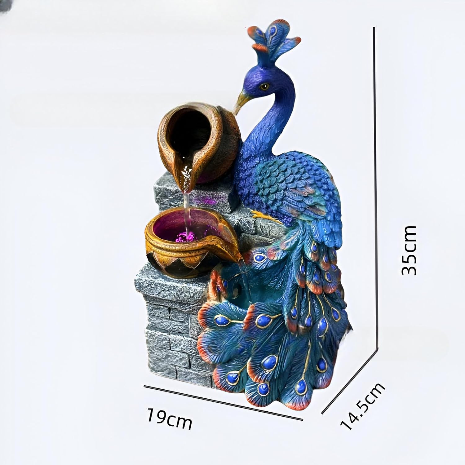 13.8-inch Peacock-Shaped Indoor Tabletop Fountain with LED Lights, Multi-Layer Waterfall & Crystal Ball – Includes 10 Free Natural Crystals – Silent Zen Decor for Home, Office & Meditation