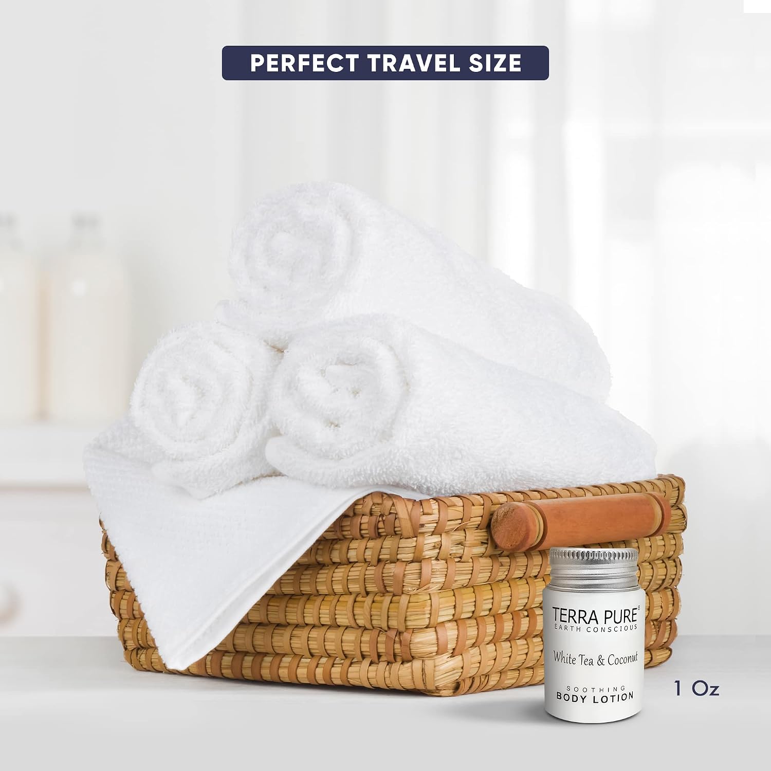 Travel Size Hotel Body Lotion 300 Count 1 oz Bottles Guest Amenities for Hotels Vacation Rentals & Short Term Rentals Paraben Free White Tea & Coconut Scent Infused with Aloe & Olive Oil | Terra Pure