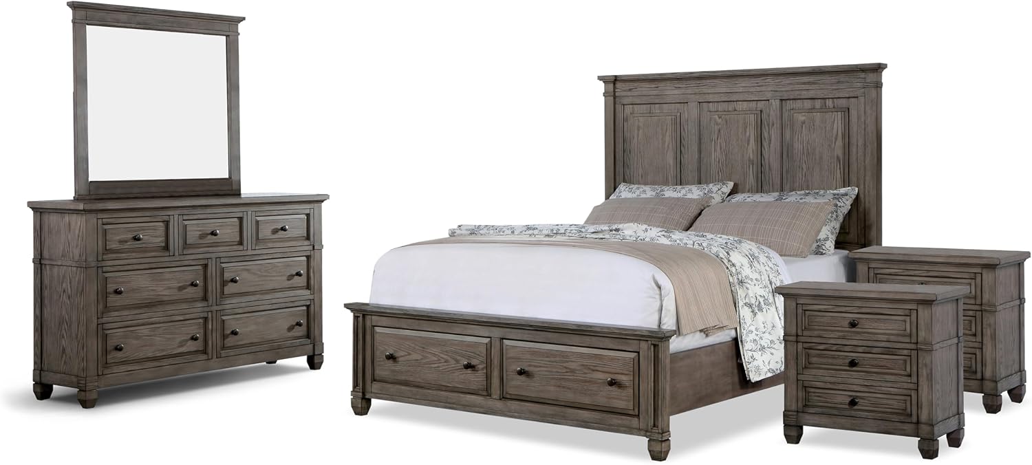 Furniture of America Xephyr Solid Wood 5-Piece Bedroom Set, Queen-Size Bed with Footboard Drawers, Felt-Lined Top & Ball-Bearing Glides, USB Port on Nightstand, Box Spring Required, Warm Gray