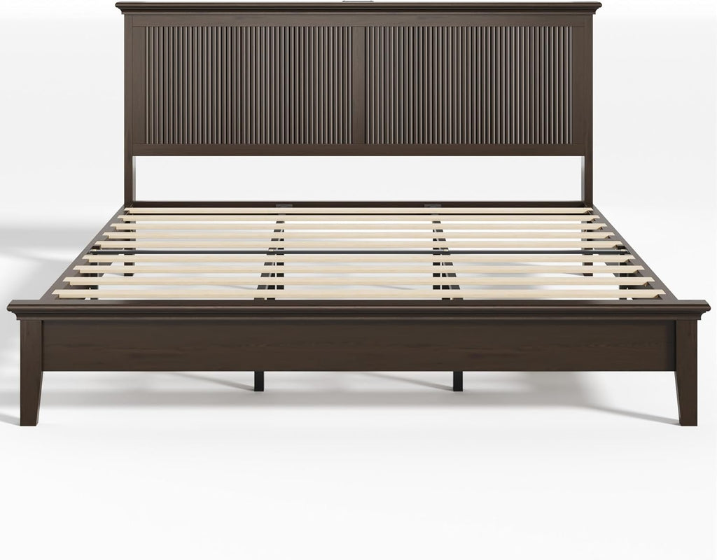 Lifezone King Bed Frame with Headboard, Solid Wood Bed Frame King Size with Charging Station & RGB LED, Wood Slats Support, Noise-Free, Sturdy Structure, Easy Assembly, Walnut