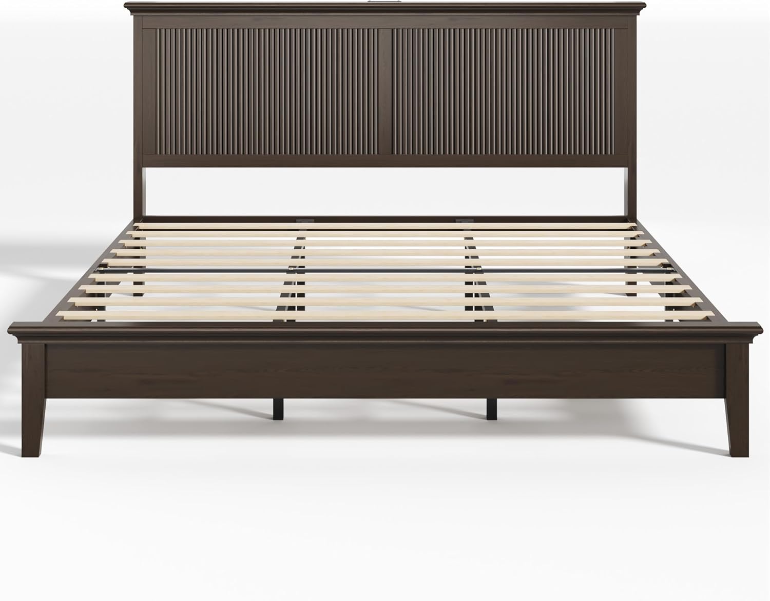 Lifezone King Bed Frame with Headboard, Solid Wood Bed Frame King Size with Charging Station & RGB LED, Wood Slats Support, Noise-Free, Sturdy Structure, Easy Assembly, Walnut