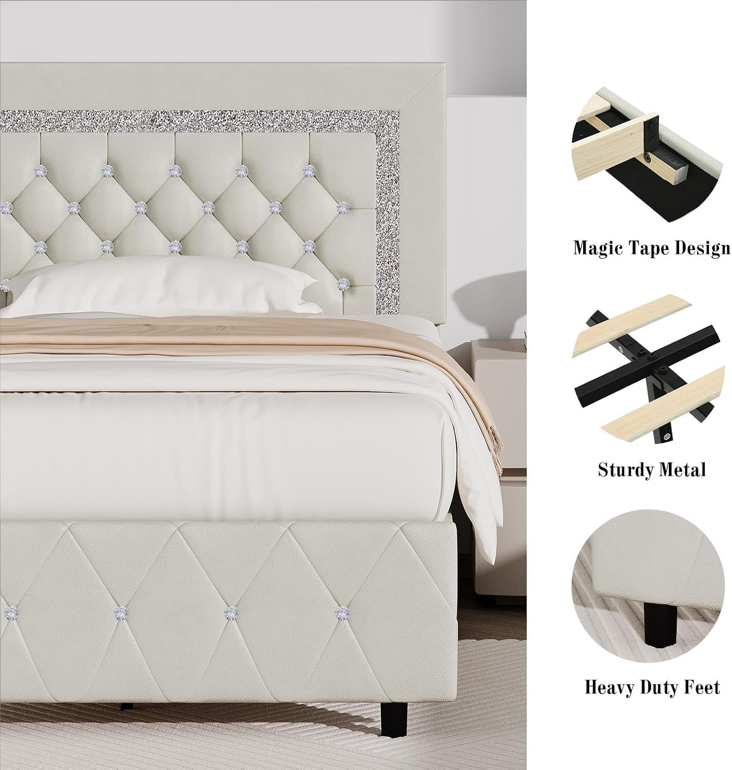 BarnFurin King Bed Frame with Diamond Tufted Headboard, Faux Leather Upholstered Bed with Wooden Slats Support, No Box Spring Needed, Mattress Foundation, Easy Assembly, Cream