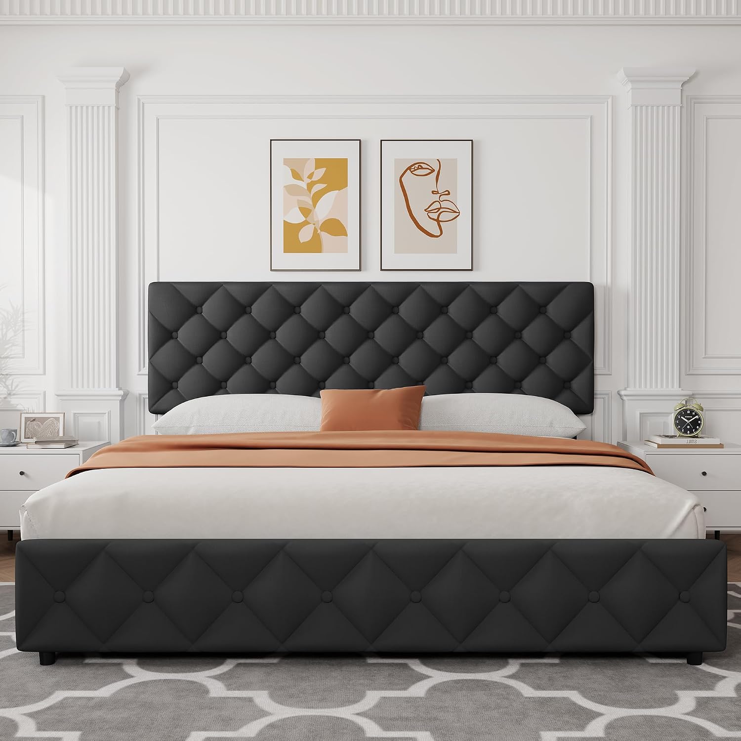 IDEALHOUSE King Size Bed Frame with 4 Storage Drawers and Adjustable Headboard, Linen Upholstered Platform Beds, Diamond Stitched Button Tufted, No Box Spring Needed, Black