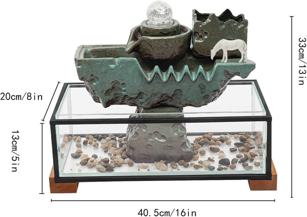 Modern Tabletop Water Fountain with LED Lights,Crystal Ball and Fish Tank, Decorative Indoor Fountain for Home Office Use,Desktop Waterfall with Horse Carving for Relaxation