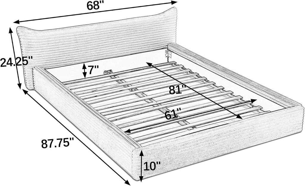 Queen Size Upholstered Bed with Decorative Curved Headboard, Solid Velvet Fabric Grounded Platform Bed Frame with Slats Support, No Box Spring Required (Beige-JU1)