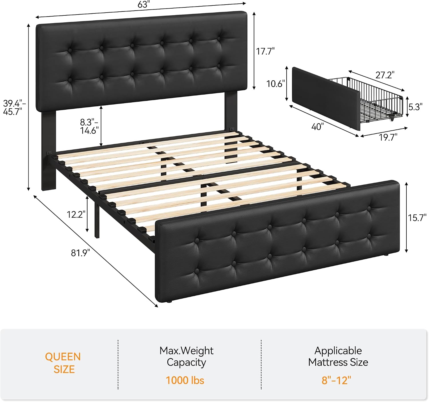 IDEALHOUSE Queen Size Bed Frame with 4 Storage Drawers and Headboard, Faux Leather Upholstered Platform Bed Frame with Wooden Slats Support, Button Tufted Design, No Box Spring Needed, Black