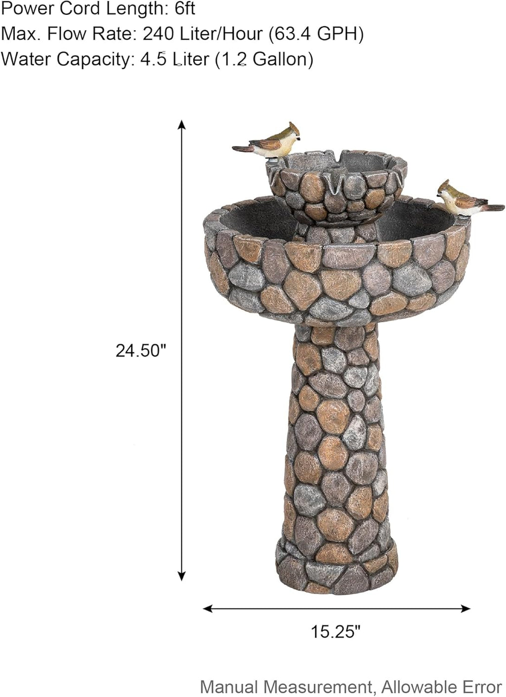 Glitzhome 2-Tier Stone Like Outdoor Water Fountain with Birds, Bird Bath Outdoor Waterfall Fountain Decor, Freestanding Water Fountains with Pump for Garden Yard Patio Porch, 24.41'H