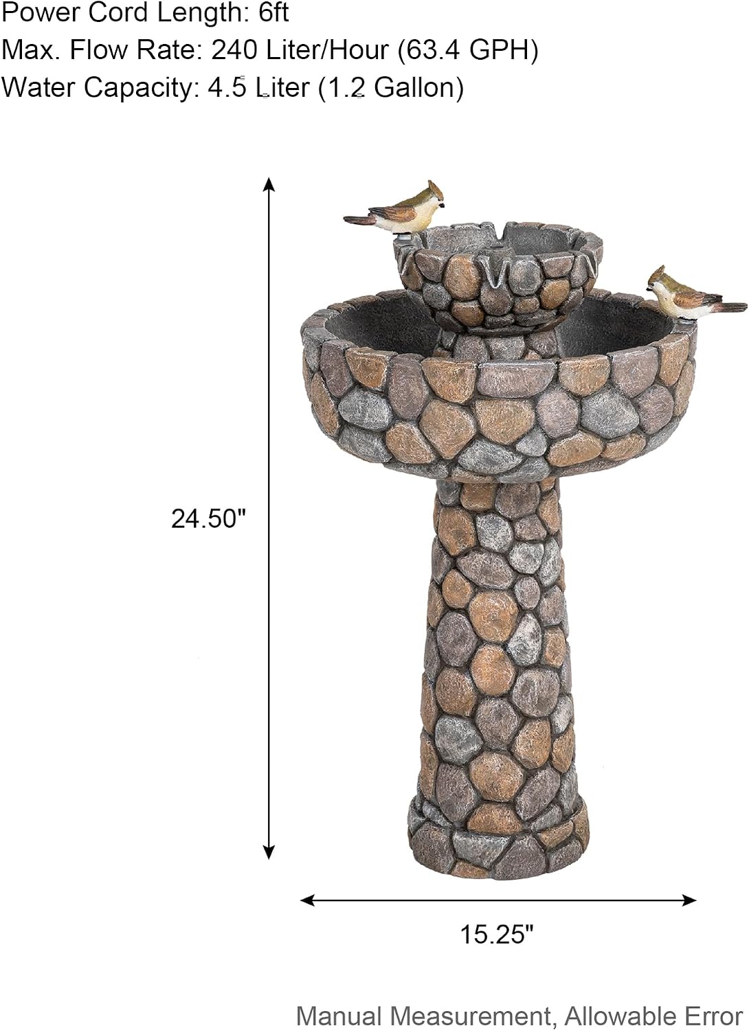 Glitzhome Water Fountain Outdoor with Birds Decor, 24.4'H 2-Tier Bird Bath Outdoor Fountain with Pump, Freestanding Garden Waterfall Fountains Water Feature
