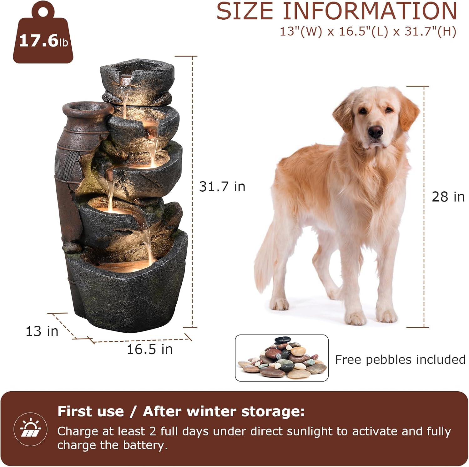 5 Tier Rock Solar Water Fountain Outdoor with Vintage Jar, Cascading Waterfall Fountain with LED Lights, Outdoor Fountains for Garden or Patio, Yard, Deck Decor, 16.5' L x 12.6' W x 31.7' H