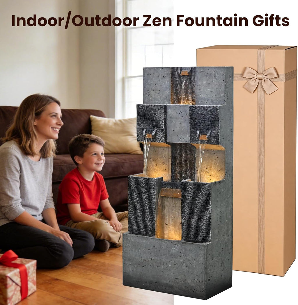 Sunlinua 45H Modern Grid Outdoor Water Fountain with LED Light Garden Cascading Waterfall Feature for Indoor or Outdoor Cascading Waterfall for Relaxing Garden Patio Backyard Deck Porch or Home Décor
