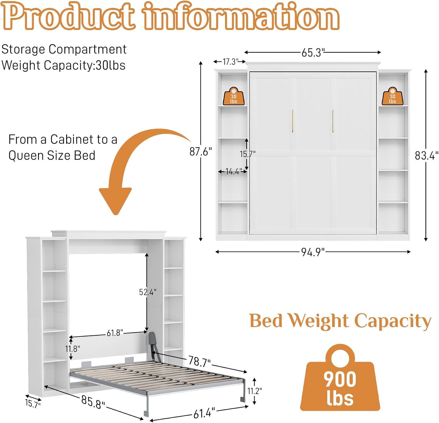 Rophefx Queen Murphy Bed Cabinet with 5-Tier Adjustable Storage Shelves, Wood Queen Wall Bed Cabinet Bed, Space Saving Beds, Hidden Bedframe, Foldable Platform Beds for Guest Room, Bedroom, White