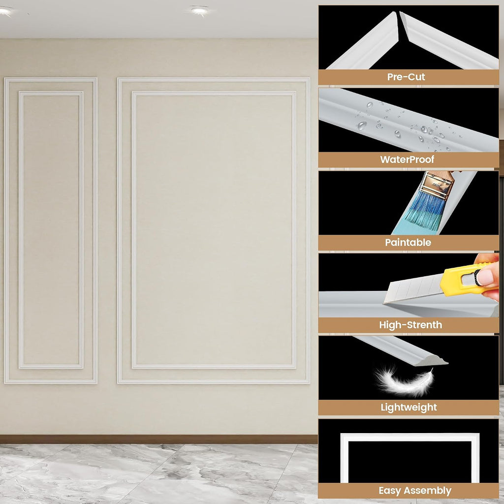 KASARO Pre-Cut Wall Molding Kit, Wainscoting Ready to Assemble 3D Panel for Interior Decor, Premade PS White Picture Frame Style Accent Wall Molding, 6-Frame