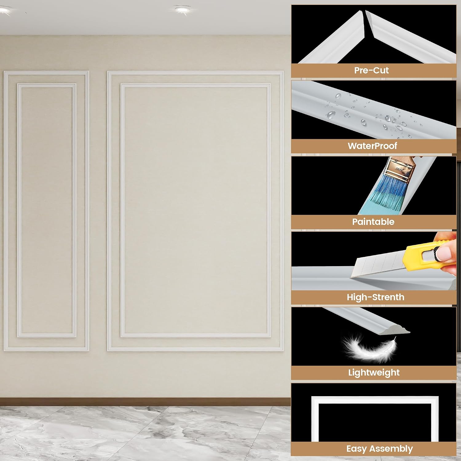 KASARO Pre-Cut Wall Molding Kit, Wainscoting Ready to Assemble 3D Panel for Interior Decor, Premade PS White Picture Frame Style Accent Wall Molding, 6-Frame