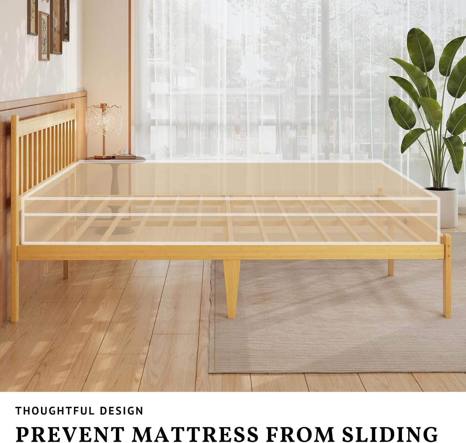 Askeld Wood Twin Bed Frame with Headboard, 14 Inch High Solid Bamboo Platform Bed No Box Spring Needed, Mid-Century Heavy Duty Bedframe, Easy Assembly, Noise Free