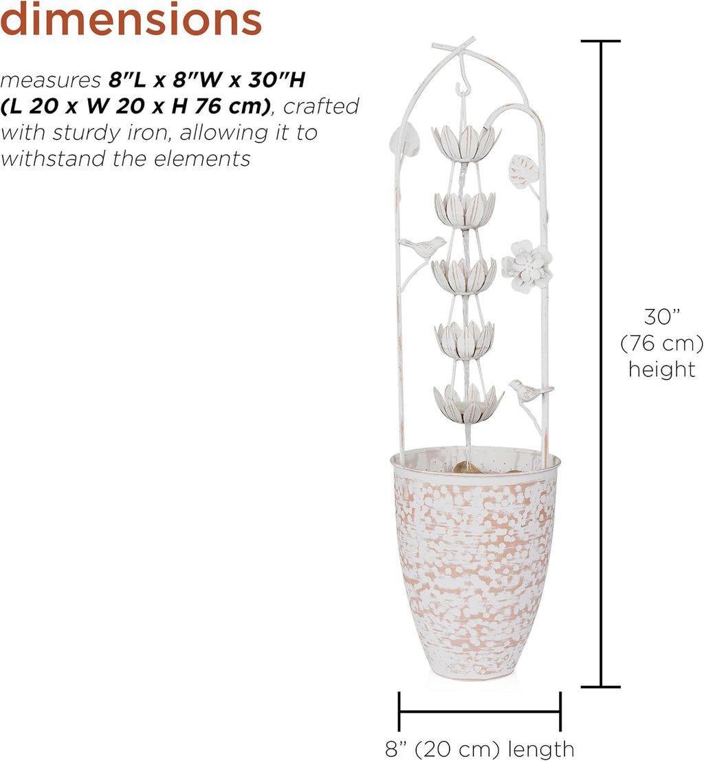 Alpine Corporation 30' Tall Metal Rustic Water Fountain with Decorative Flower, Cascading Waterfall Feature for Gardens, Patios, and Outdoor Decor, White