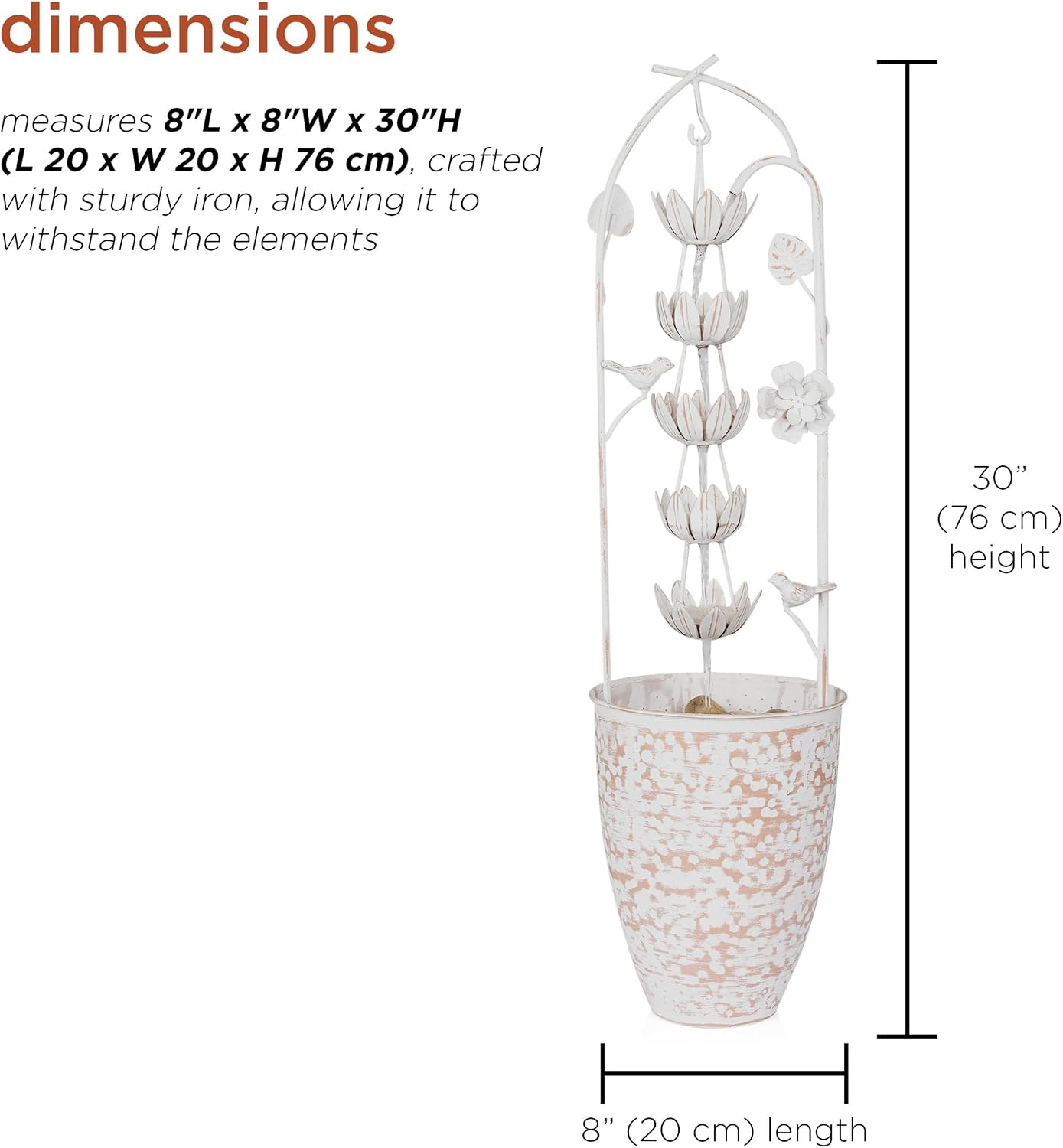 Alpine Corporation 30' Tall Metal Rustic Water Fountain with Decorative Flower, Cascading Waterfall Feature for Gardens, Patios, and Outdoor Decor, White