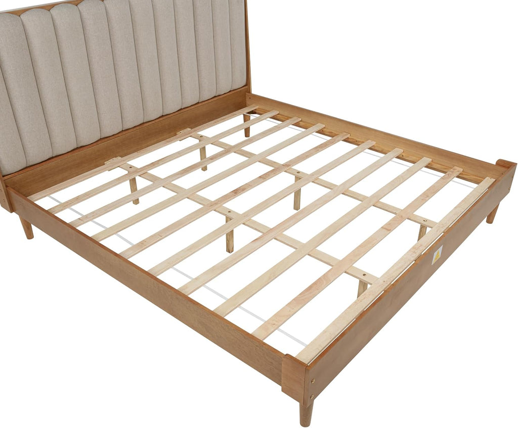 JIVOIT King Size Platform Bed with Piano Key Style Upholstered Headboard, Wood Bed with Strengthened Bed Frame, Wood Slats Support, No Box Spring Needed