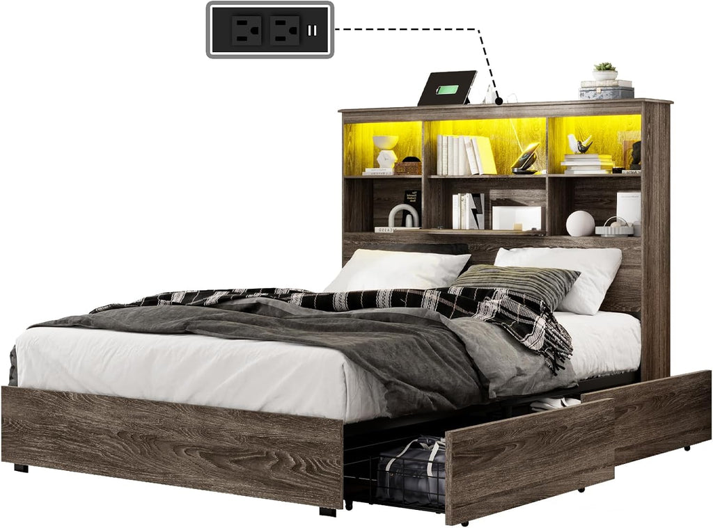 LUXOAK King Size Bed Frame with LED Bookcase Headboard, Wooden Storage Bed with Charging Station & 4 Drawers, No Box Spring Needed/Noise-Free/Rustic Grey