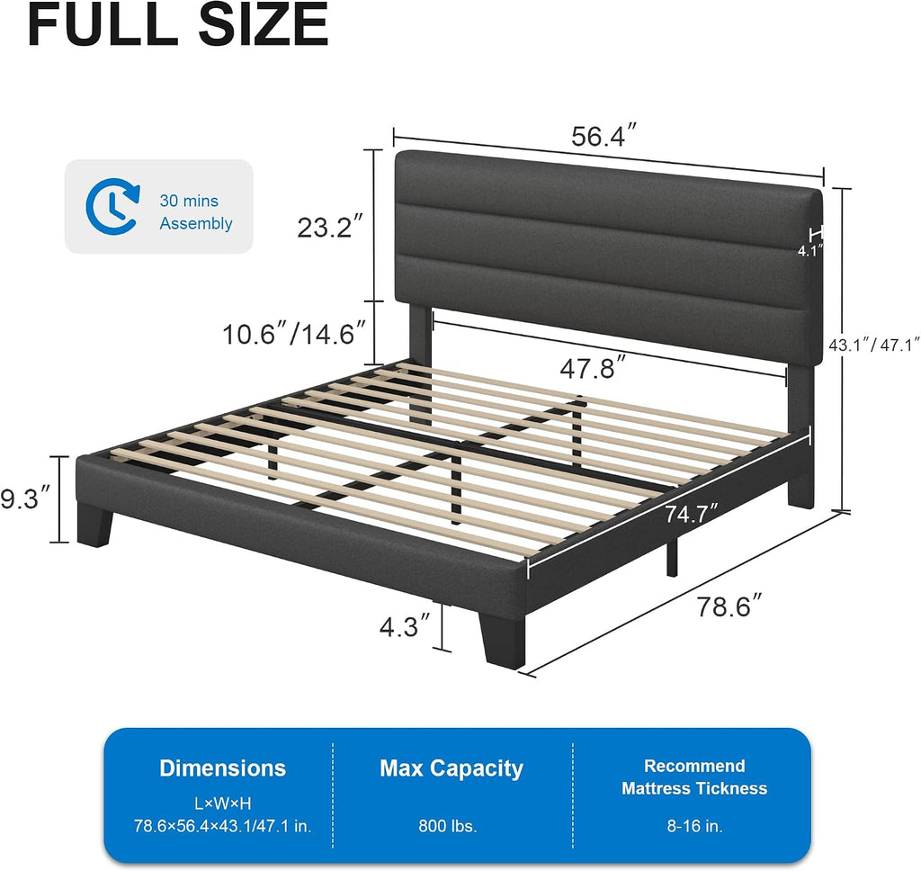 GOLDORO Full Size Bed Frame with Headboard, Upholstered Platform Bed, Wooden Slats Support, No Box Spring Needed, Easy Assembly, Dark Grey