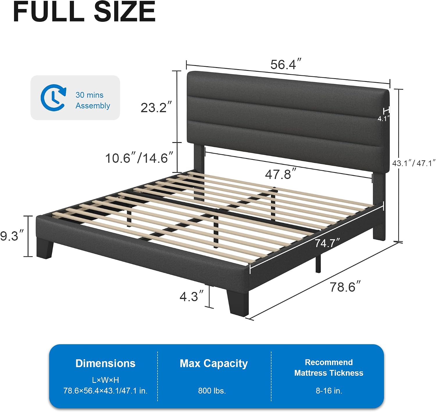 GOLDORO Full Size Bed Frame with Headboard, Upholstered Platform Bed, Wooden Slats Support, No Box Spring Needed, Easy Assembly, Dark Grey