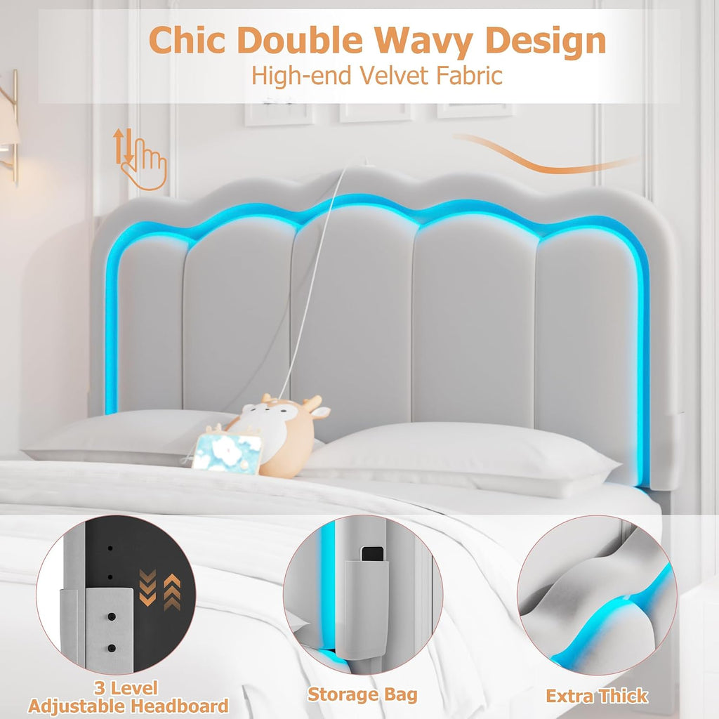 Velvet Upholstered Queen LED Bed Frame with 2 Storage Drawers and Adjustable Chic Double Wavy Headboard, Princess Platform Bed with Charing Station, Solid Wood Slats Support,No Box Spring Needed,Grey