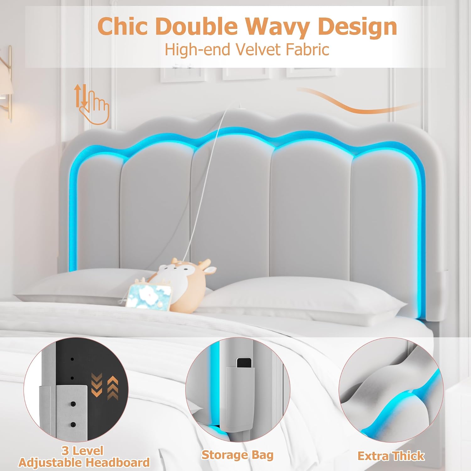 Velvet Upholstered Queen LED Bed Frame with 2 Storage Drawers and Adjustable Chic Double Wavy Headboard, Princess Platform Bed with Charing Station, Solid Wood Slats Support,No Box Spring Needed,Grey