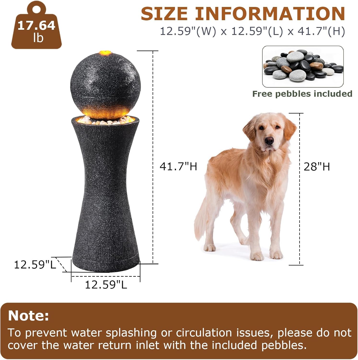 41.73' Tall Sphere Outdoor Water Fountain with LED Light, Modern Black Polyresin Sphere Floor Fountain Outdoor Water Feature with Curved Pedestal for Garden, Patio, Backyard, Porch and Home Art Decor
