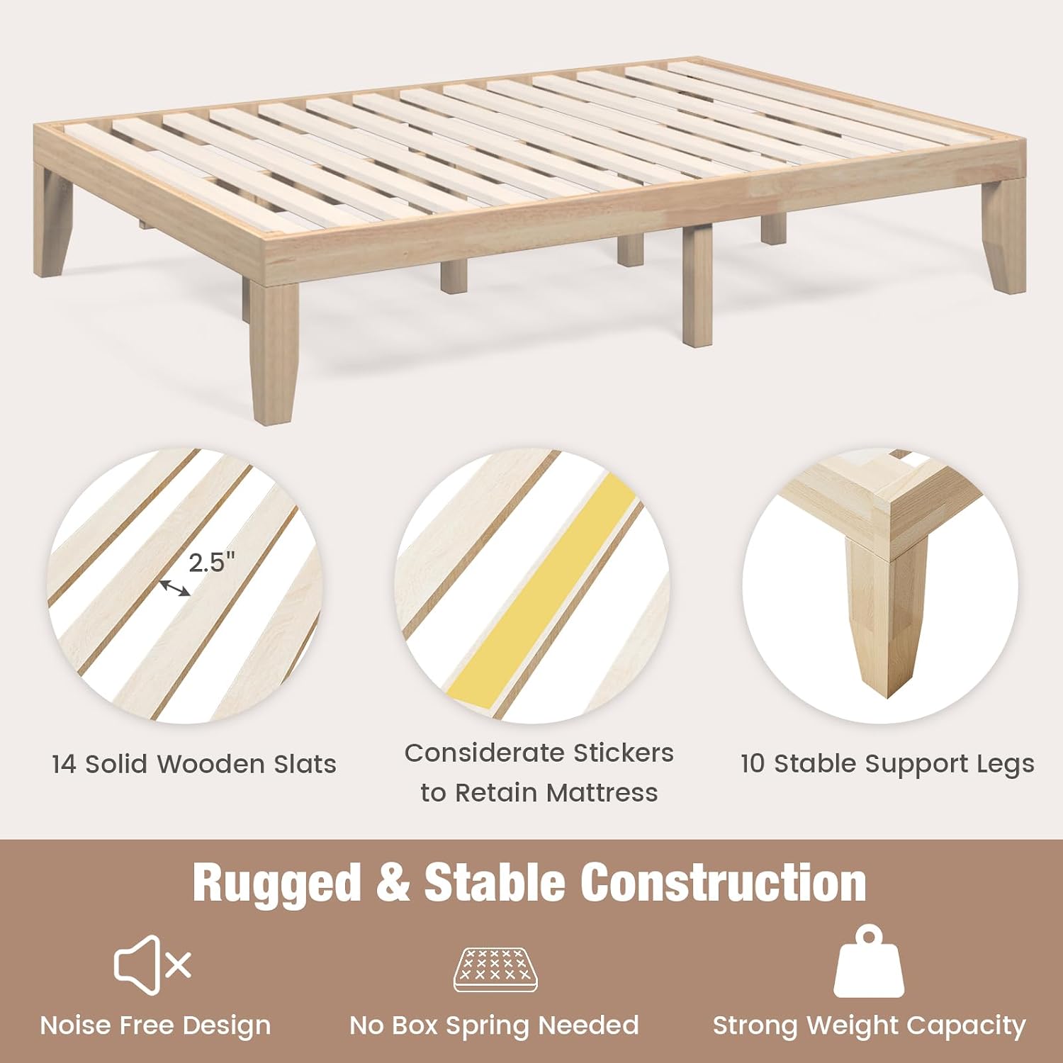 Giantex 14 Inch Full Wood Platform Bed Frame, Minimalist Style Mattress Foundation with Solid Rubber Wood, Heavy Duty Slat Support, Without Headboard, Easy Assembly, No Box Spring Needed, Natural