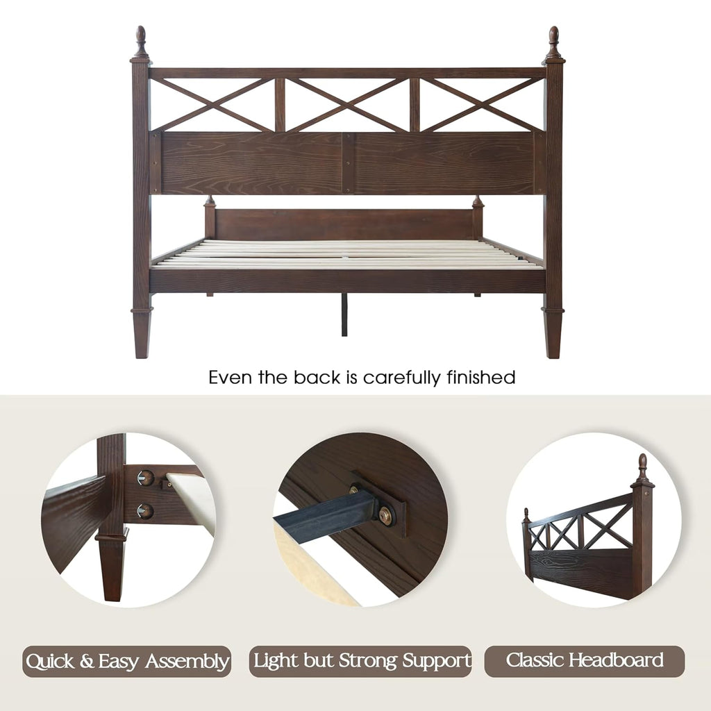 Queen Size Bed Frame with Headboard & Footboard, Solid Wood Platform Bed, Central Metal Legs, 12 Sturdy Slatted Base, Noise-Free & Anti-Slip, No Box Spring Needed, Dark Roast Oak Finish RIQ-32